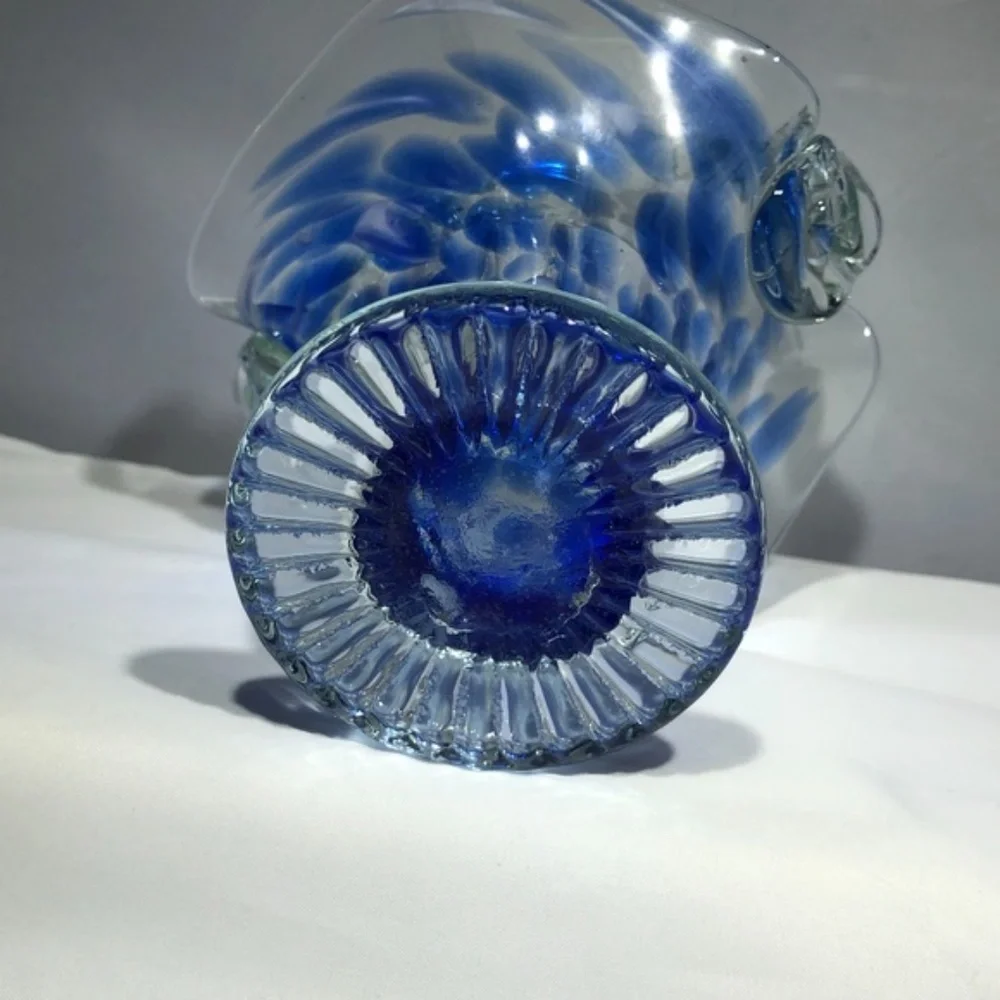 BLUE & CLEAR GLASS BASKET WITH RUFFLED WAVY EDGES
